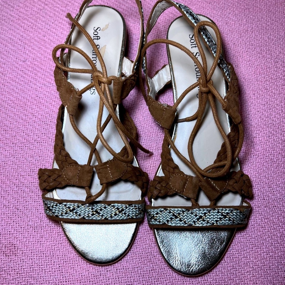 Soft Surroundings Brown Braided Lace Up Wedge Sandals Gold Metallic Women 10M